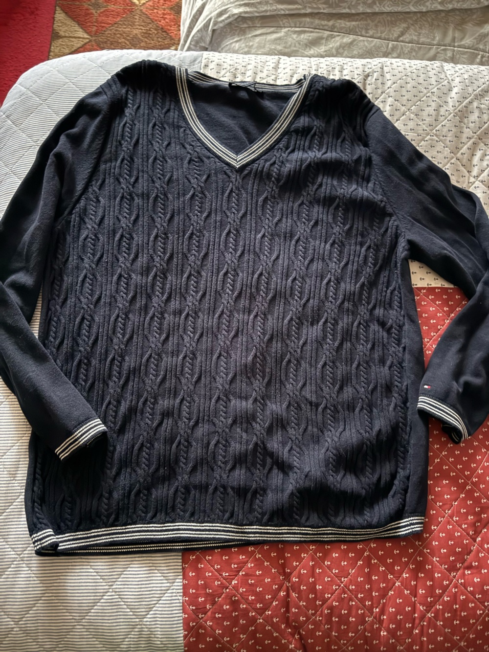 Tommy Hilfiger Navy V-Neck Cable Knit Sweater with White Stripe Trim